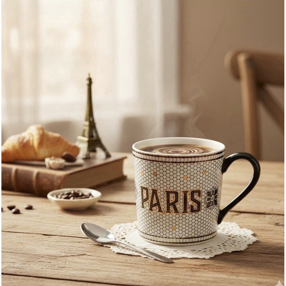 Anthropologie Bistro Tile "Paris" Coffee Mug - 14oz Mosaic Gold Accents - NEW